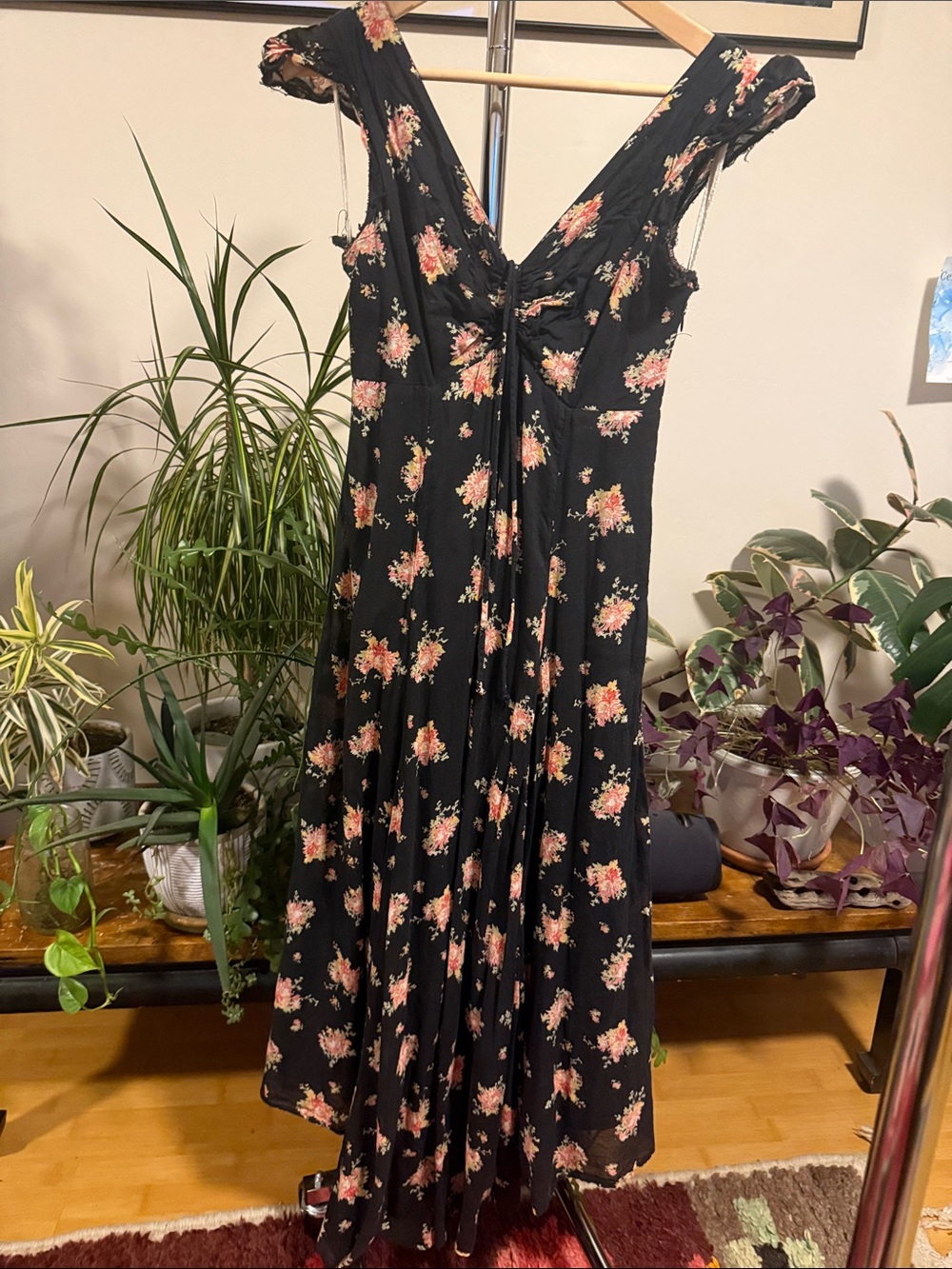 Free People Black Maxi Dress with Pink Floral Print